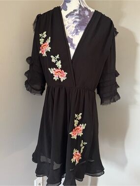 Topshop Tea Dress Featuring Pink Floral Embroidery With Ruffle Sleeves